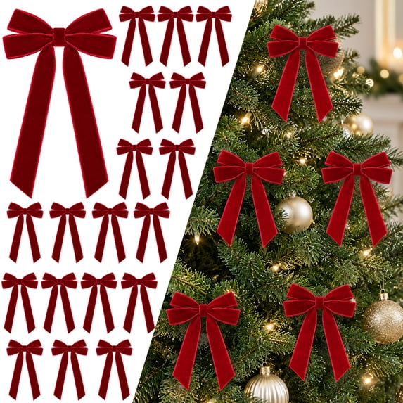 Ayieyill 24 Pack Red Velvet Christmas Tree Bows for Christmas Ornaments, 8 Inch Small Bows for Christmas Tree Decorations