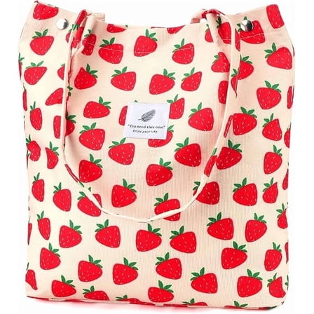 Ayieyill Corduroy Tote Bag for Women Girl Canvas Shoulder Cord Purse with Inner Pocket (Strawberry)