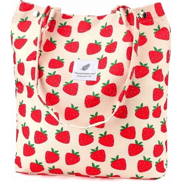 Ayieyill Corduroy Tote Bag for Women Girl Canvas Shoulder Cord Purse with Inner Pocket (Strawberry)