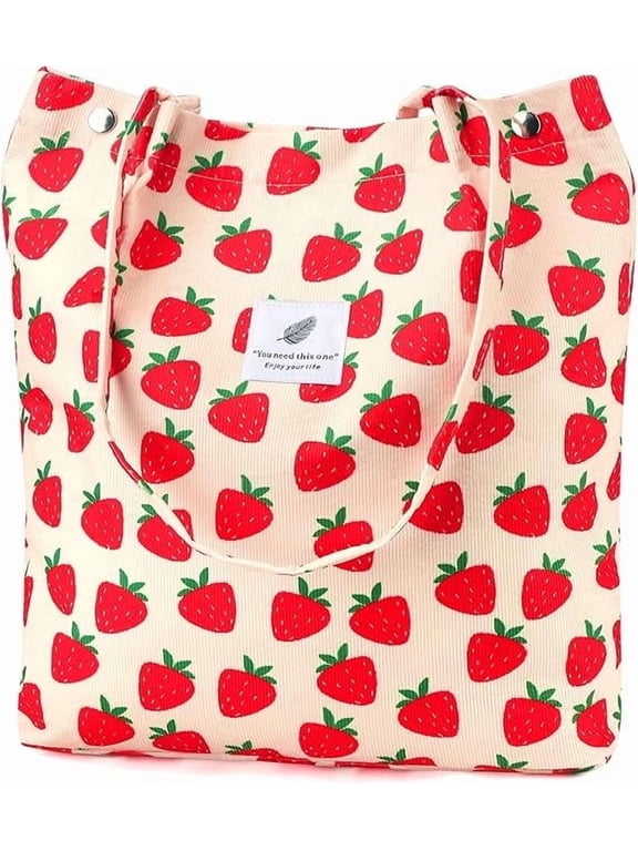 Corduroy Tote Bag for Women Girl Canvas Shoulder Cord Purse with Inner Pocket (Strawberry)