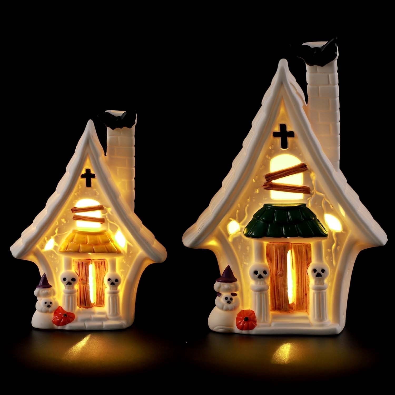 Ayieyill 2 Pcs Halloween Village Houses, Haunted House Decor for Halloween Decorations Indoor, Light Up Halloween Village Sets