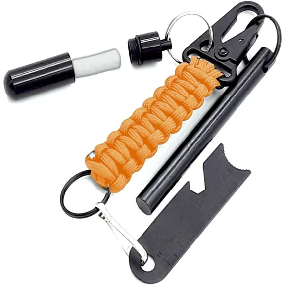Ayin 4 Inch Fire Starter Survival Keychain - Ferrocerium Drilled Flint Kit With Paracord Lanyard, Striker Multi-Tool, Cotton Tinder, Water Proof Carrier Tube, and Carabiner Clip (Neon Orange)