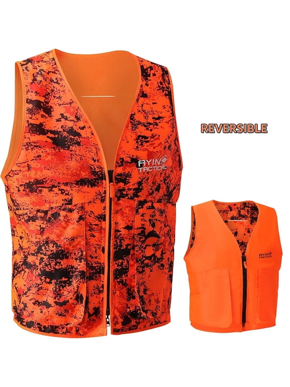 Ayin Reversible Hunting Safety Vest, Orange/Digital Camo Outdoor Zip-Up Vest With Inner & Outer Pockets, 2 Way Zipper, and Harness Slot