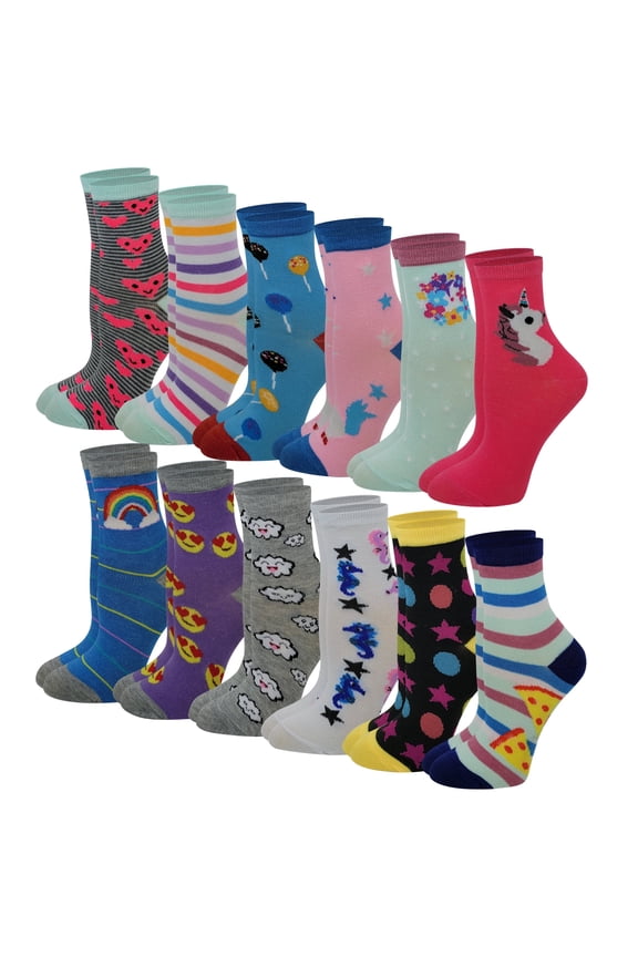 12 Pairs Girls Multicolor Colorful Crew Socks