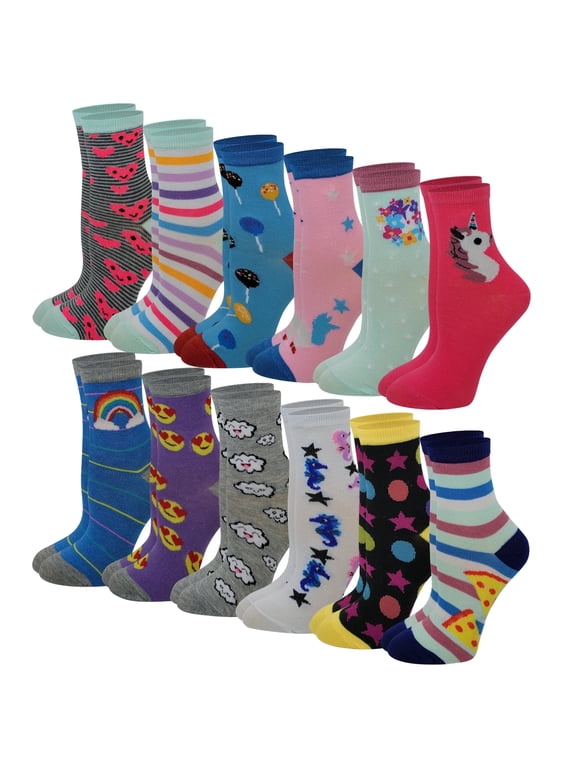 12 Pairs Pack Kids Girls Colorful Creative Fun Novelty Design Crew Socks