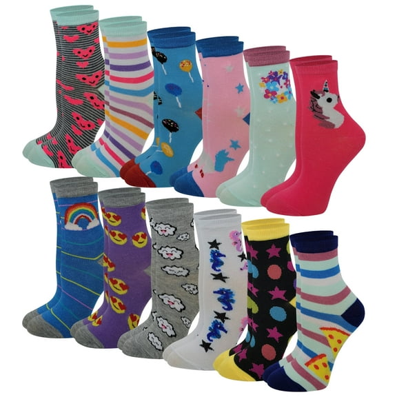 Ayla 12 Pairs Kids Girls Assorted Fun Novelty Design Crew Socks