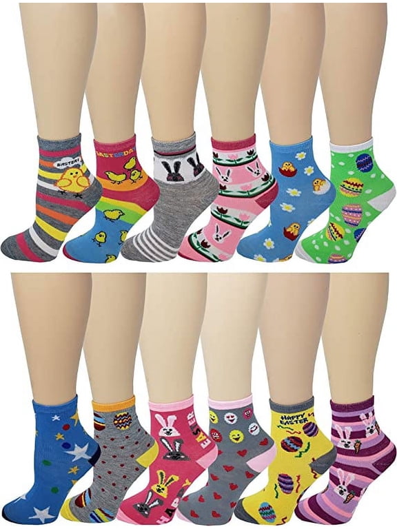 12 Pairs Kids Girls Colorful Pretty Fun Easter Design Crew Socks