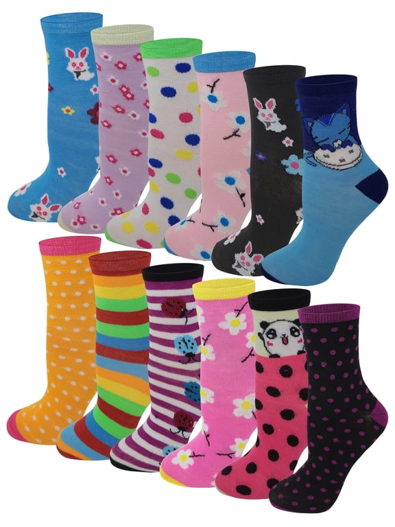 Ayla 12 Pairs Pack Kids Girls Colorful Creative Fun Novelty Design Crew Socks