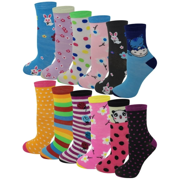 Ayla 12 Pairs Pack Kids Girls Colorful Creative Fun Novelty Design Crew Socks