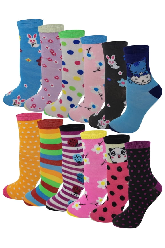 Ayla 12 Pairs Pack Kids Girls Colorful Creative Fun Novelty Design Crew Socks