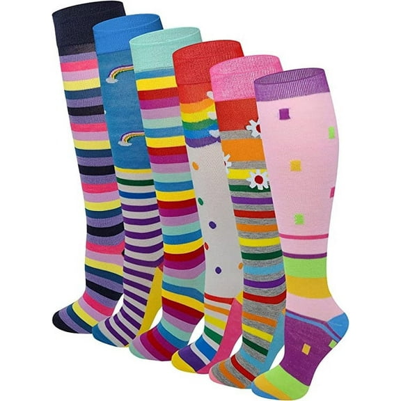 Ayla 6 Pairs Kids Big Girls Youth Baby Children's Rainbow Strips Design Knee High Socks