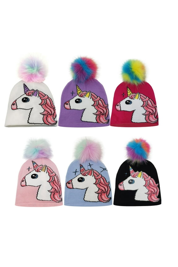 6 pack Kids Girls Winter Pom Pom Beanie Unicorn Hats Baby Caps
