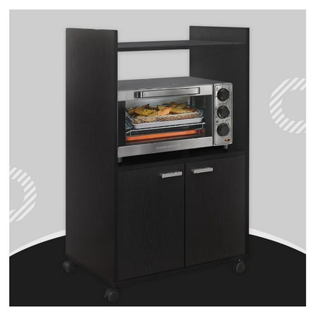 Ayla Microwave Cabinet with Storage and Upper Shelf for Kitchen Appliances - 2 Door Cabinet Kitchen Storage Cart - Wood Kitchen Cart with Lockable Castors Wheels – Black