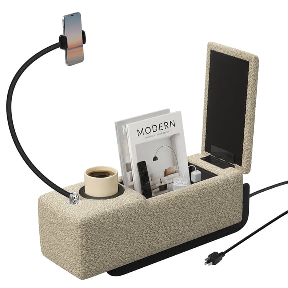 Aylenic 20.3" Couch Caddy with Cup Holder Charging Console Phone Stand, Multifunctional Sofa Armrest Storage Organizer, Camel Chenille Arm Rest Tray