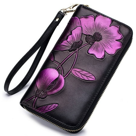 Ayli Women's RFID Block Leather Floral Zip Wallet, Purple