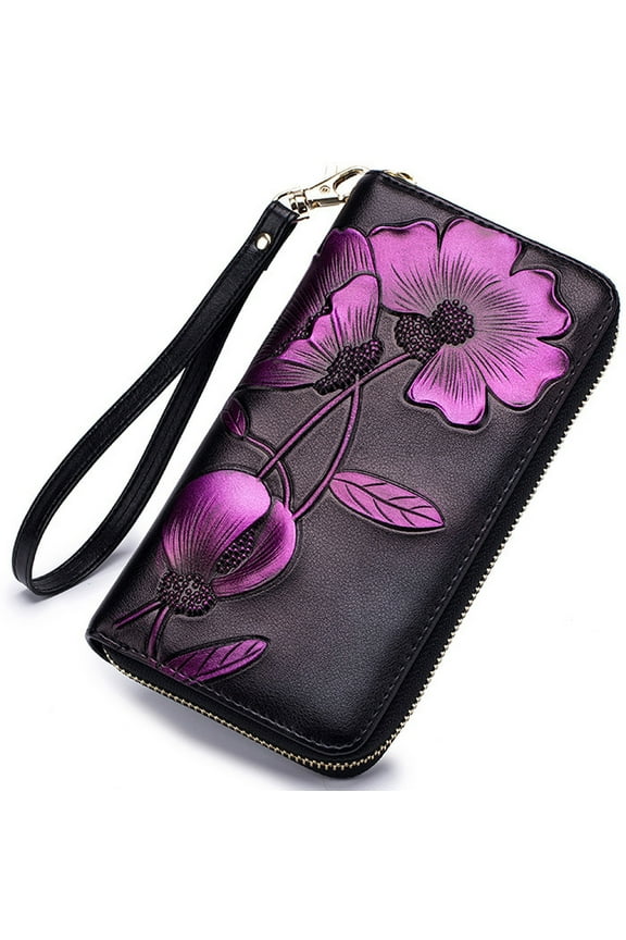 Women's RFID Block Leather Floral Zip Wallet, Purple