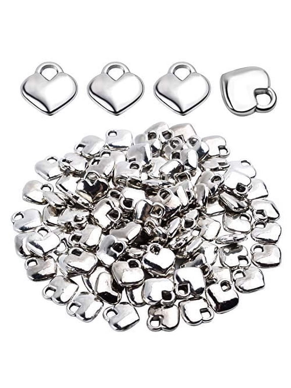 100 Pieces Polished Puff Love Heart Charm Mini Metal Silver Heart Pendants Drops Charms Pendants for Necklace Bracelet Earring