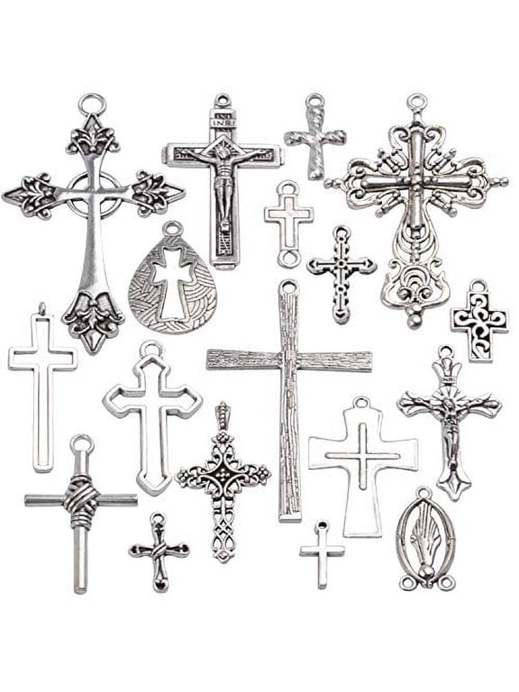 18 Pieces Antique Silver Mixed Jesus Christ Cross Charms, Alloy Crucifix Dangle Pendants for Diy Bracelets Crafts Jewelry Making