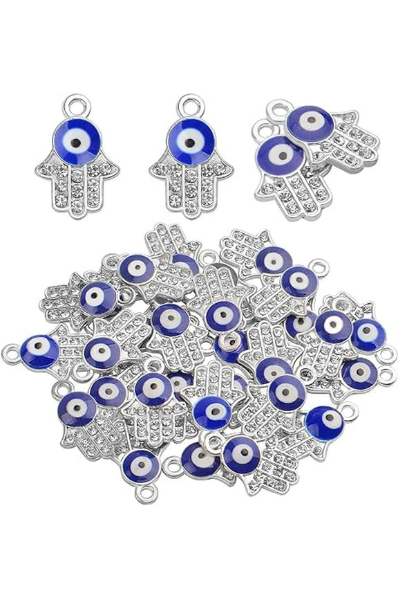 30pcs Hamsa Hand Evil Eye Charms Hand of Fatima Pendants Rhinestones Jewelry Making Findings for DIY Necklace Bracelet,Silver