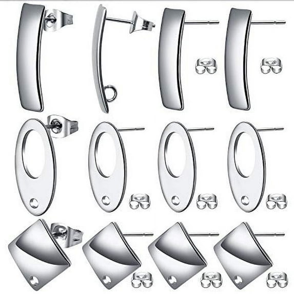 Aylifu 30pcs Stud Earring Findings Earring Post with Loop and 30pcs Stainless Steel Earring Backs for Jewellery Making,Silver,3 Styles