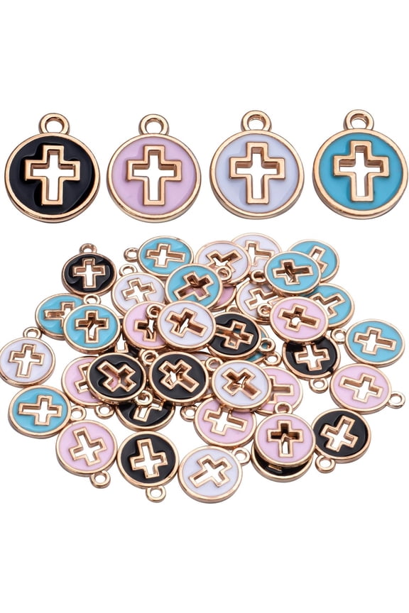 40pcs Round Enamel Cross Charms Alloy Crucifix Charm Pendants for Jewelry Making Bracelet Necklace,4 Colors