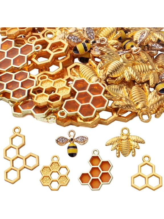50 Pieces Honeybee Comb Enamel Rhinestone Charms, Mixed Bee Honeycomb Shaped Dangle Pendants for Diy Crafts Jewelry Making
