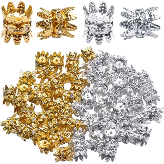 Aylifu 60PCS Double Flower Beads Caps with Rhinestone Petal Brass Bead Spacer Flower Caps Jewelry Making Accessories for Bracelet Necklace Earring