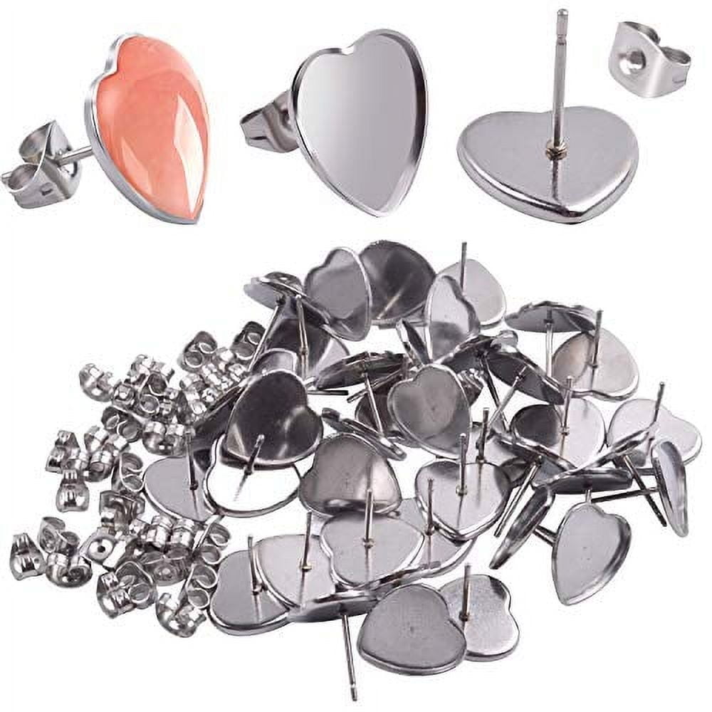 Aylifu Earring Cabochon Settings, 40 Pieces Cabochon Stud Earrings Blank Heart Shape Earring Bezel Tray with 40 Pieces Butterfly Earring Safety Backs for Jewelry Making