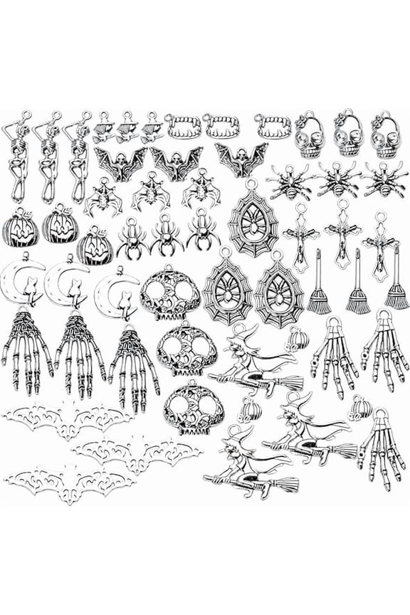 Halloween Charms,100 Grams(About 55-60 Pieces) Assorted Silver Pendants Skeleton Pumpkin Bat Witch Collection for Jewelry Making Key Rings Crafts