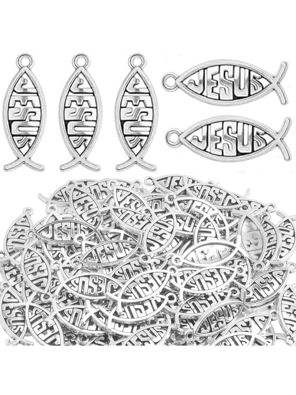 Jesus Fish Charms, Antique Silver Alloy Christian Fish Shaped Dangle Pendants for Diy Bracelet Crafts Jewelry Making, 100 Pieces