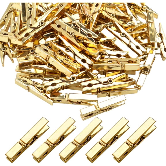Aylifu 100 Pieces Gold Plastic Laundry Clothes Pins, Utility Clothespins Photo Clips for Hanging Pictures Office Home Arts Crafts