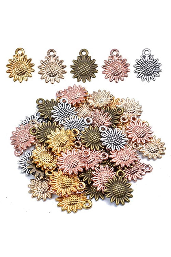 Sunflower Charms Pendant, 50 Pieces Sunflower Charm Bead Craft Supplies Pendant Jewelry Findings Alloy Pendant for Jewelry Making Necklace Bracelet, 5 Colors