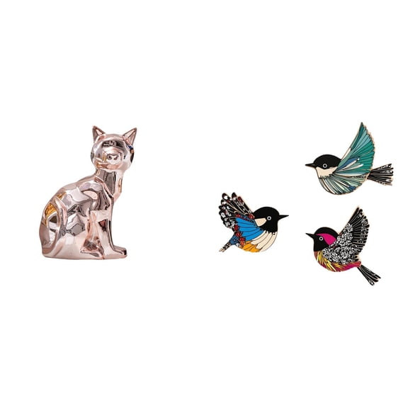 Aymzbd Cat Statue Figurine Desktop Bird Wall Hanging Wooden Bird Wall Art Shelf Decor Made of Ceramic and Wood Suitable for home decoration bedroom office tray table gift giving living room