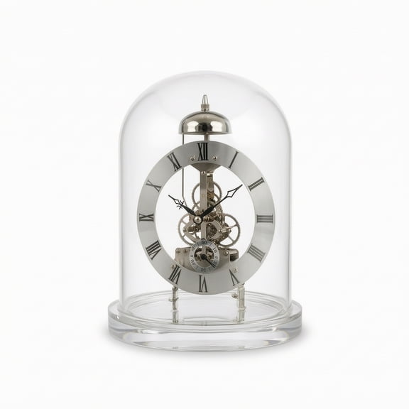 Aymzbd Desk Clock Skeleton Clock Timepiece Clear Acrylic Base Glass Dome Hourly Chime Function for Study Shelf Entry Table