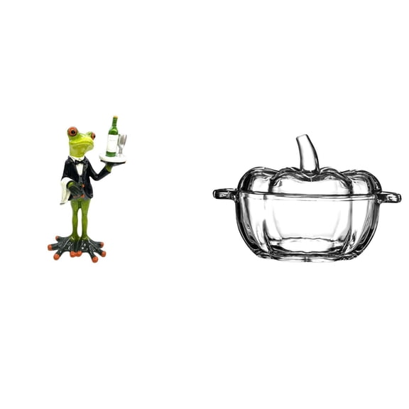 Aymzbd Desktop Figurine Waiter Frog Statue Glass Candy Dish Decorative Jar With Lid Pumpkin Ornament Made of Resin and Glass Suitable for Office Desk Party Table Home