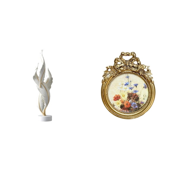Aymzbd Feather Sculpture Decorative Figurine Antique Resin Ornament Ornate Round Picture Frame Classic Photo Frame Suitable for home decoration office bookshelf studio bedroom