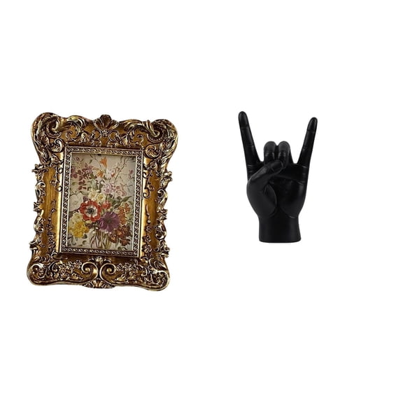 Aymzbd Hand Carved Floral Photo Frame with Rock Hand Gesture Statue Creative Hand Sculpture Antique Picture Holder for Office Dorm Home Apartment Bedroom Res