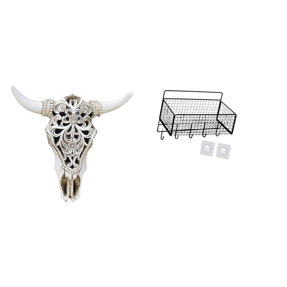 Aymzbd Skull Wall Sculpture Resin Cow Head Wall Decor Hanging Storage Basket Wall Mounted Shelves with Wire Design Suitable for gift giving home decoration living room bedroom