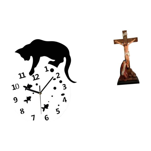 Aymzbd Wall Clock Cat Wall Clock Decorative Catholic Statue Mother Mary Figurine Jesus Cross Sculpture Glass Resin Silent Movement Suitable for home office living room dining room kitchen