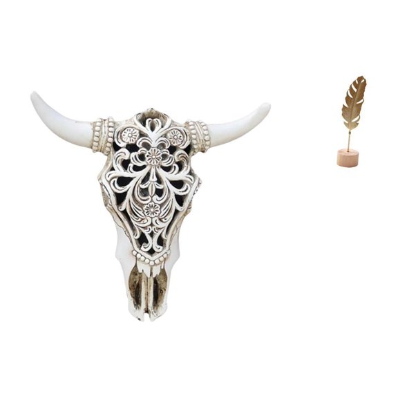 Aymzbd Wall Sculpture Resin Cow Head Wall Decor Leaf Sculpture Metal Leaf Statue Art Leaf Figurine with Base Modern Style Suitable for Bedroom Living R