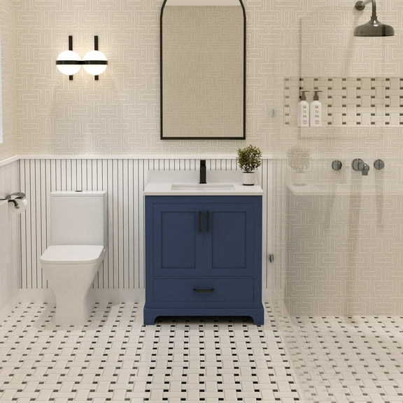 Ayna Decors Maya 30 in Navy Blue Bathroom Vanity Set with White Quartz Countertop | Ceramic Sink | 2 Soft Closing Doors | 1 Full Extention Soft Close Drawer | Black Hardware