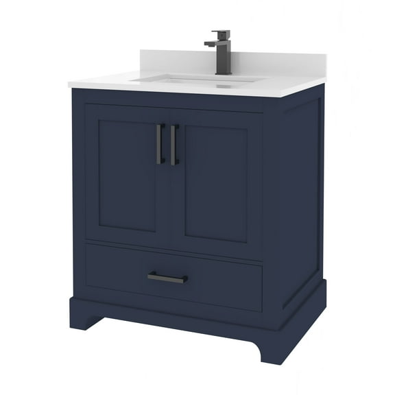 Ayna Decors Maya 30 in Navy Blue Bathroom Vanity Set with White Quartz Countertop | Ceramic Sink | 2 Soft Closing Doors | 1 Full Extention Soft Close Drawer | Black Hardware