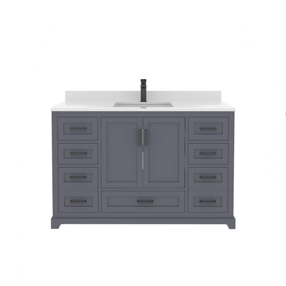Ayna Decors Maya 48 in Charcoal Grey Bathroom Vanity Set with White Quartz Countertop | Ceramic Sink | 2 Soft Closing Doors | 7 Full Extention Soft Close Drawer | Black Hardware