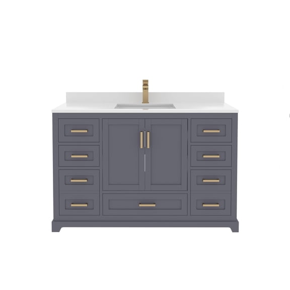 Ayna Decors Maya 48 in Charcoal Grey Bathroom Vanity Set with White Quartz Countertop | Ceramic Sink | 2 Soft Closing Doors | 7 Full Extention Soft Close Drawer | Gold Hardware