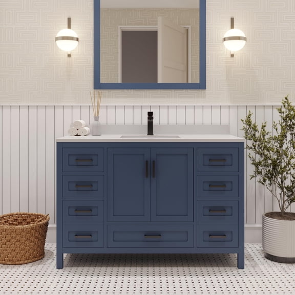 Ayna Decors Maya 48 in Navy Blue Bathroom Vanity Set with White Quartz Countertop and Brass Faucet | Pop-Up Drain and P-Trap Included | Black Hardware