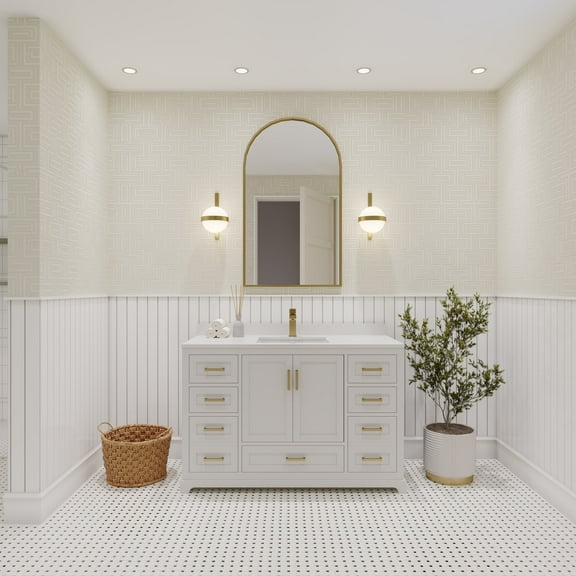 Ayna Decors Maya 48 in White Bathroom Vanity Set with White Quartz Countertop | Ceramic Sink | 2 Soft Closing Doors | 7 Full Extention Soft Close Drawer | Brushed Nickel Hardware | AVM48WH3002