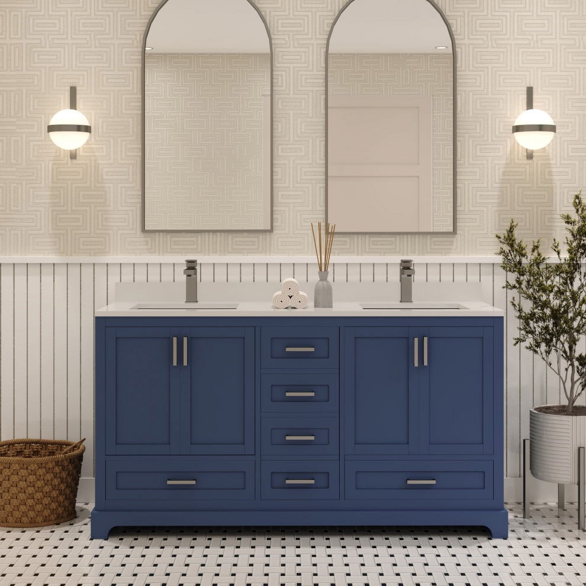 Ayna Decors Maya 60 in Navy Blue Double Sink Bathroom Vanity Set with