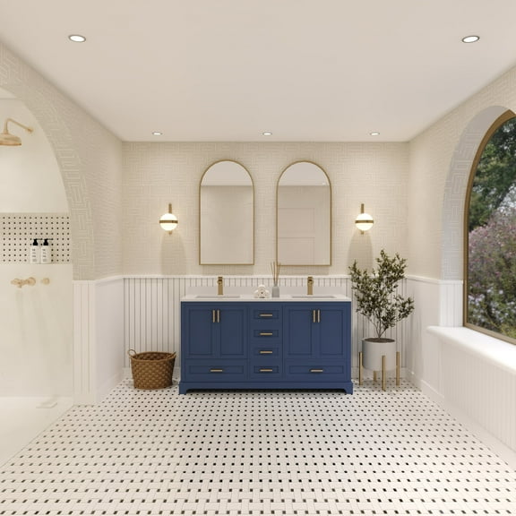 Ayna Decors Maya 60 in Navy Blue Double Sink Bathroom Vanity Set with White Quartz Countertop and Brass Faucet | Pop-Up Drain and P-Trap Included | Gold Hardware