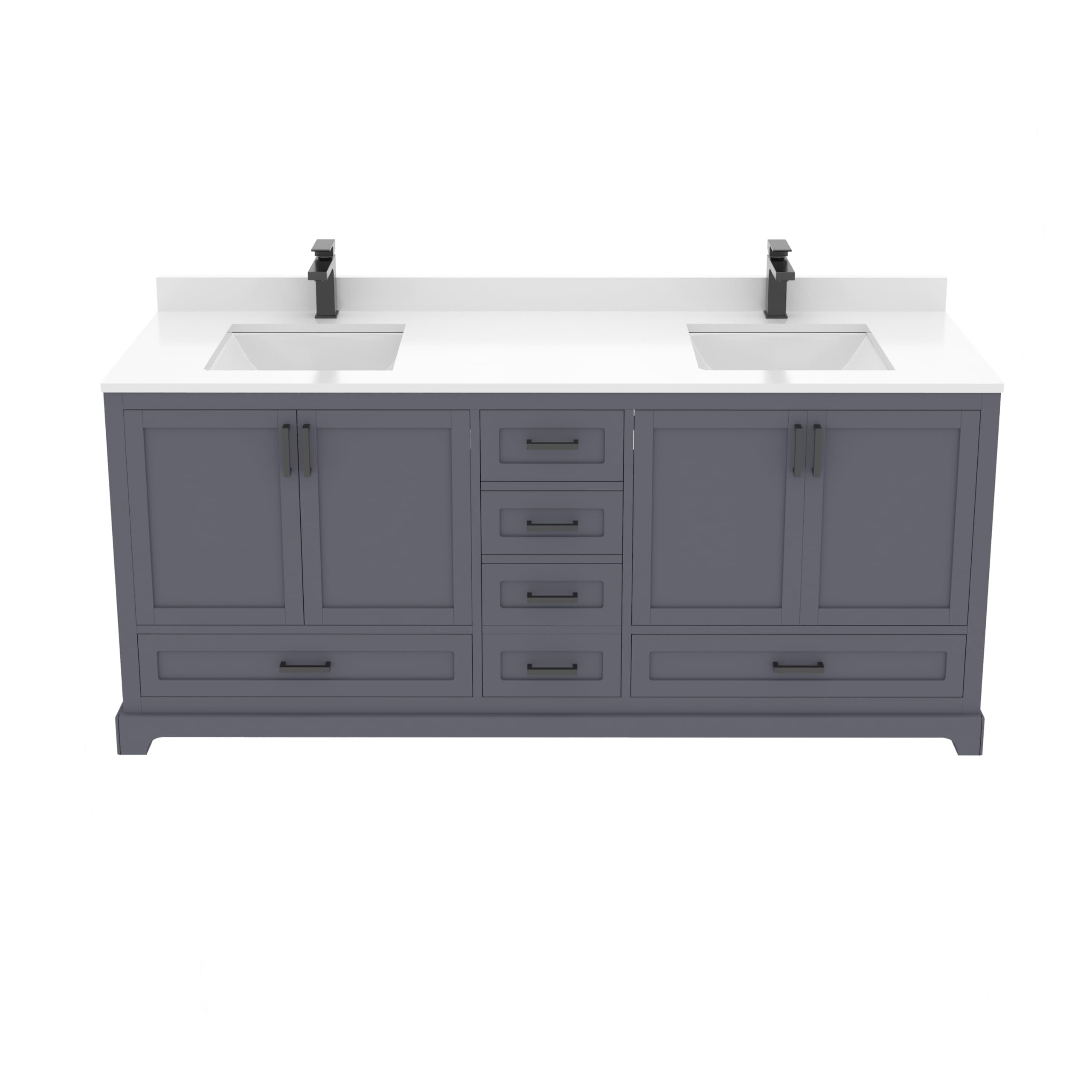 Ayna Decors Maya 72 in Charcoal Grey Double Sink Bathroom Vanity Set with White Quartz Countertop | 4 Soft Closing Doors | 6 Full Extention Soft Close Drawer | Black Hardware