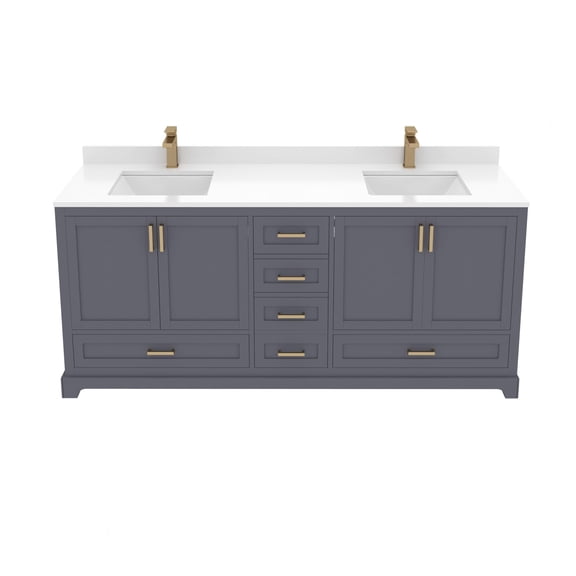 Ayna Decors Maya 72 in Charcoal Grey Double Sink Bathroom Vanity Set with White Quartz Countertop | 4 Soft Closing Doors | 6 Full Extention Soft Close Drawer | Gold Hardware